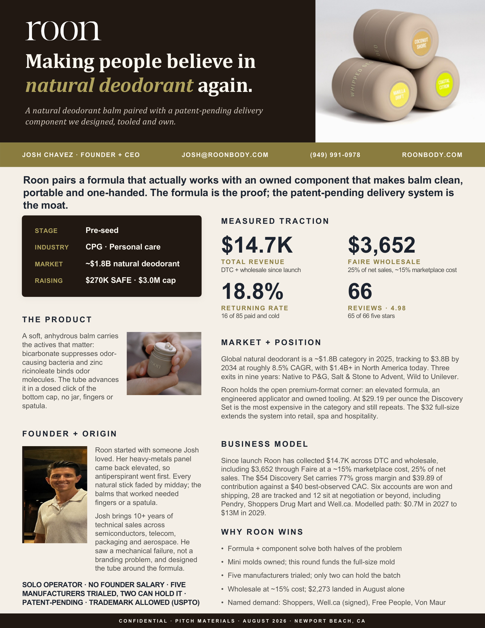 Roon one-pager: natural deodorant, the way it should have been. Pre-seed, $200K SAFE. Founder Josh Chavez.